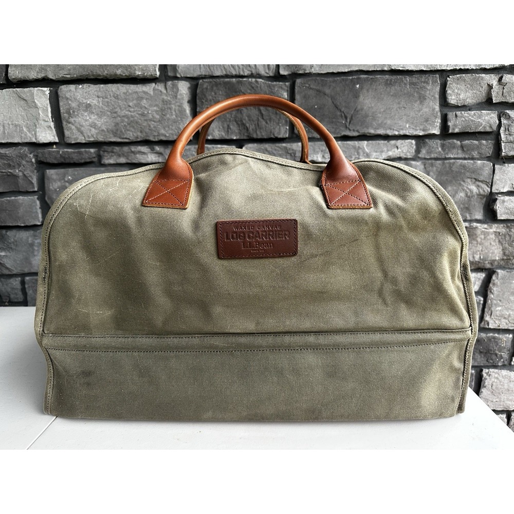 Vintage LL Bean Waxed Canvas w/ Leather Handles Firewood Log Carrier Tote Green